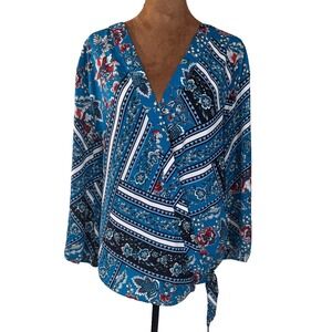 Soho NY & Co Tie Hem Wrap Blouse Women's XXL Teal Floral Geometric NWOT Paisley
